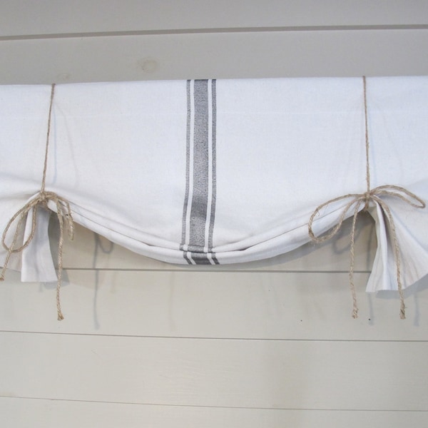 Tie Up Valance, Custom Widths, Drop Cloth Curtain with BLACK Stripe Small Window Wide Curtain