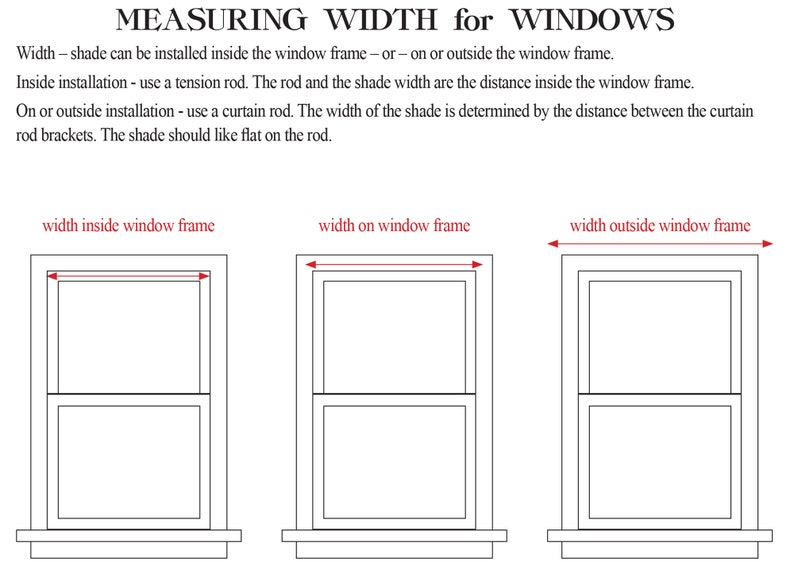 Puede incluir: Diagrama que muestra c&oacute;mo medir el ancho de una ventana para una cortina. El diagrama muestra tres formas diferentes de medir el ancho: dentro del marco de la ventana, en el marco de la ventana y fuera del marco de la ventana.