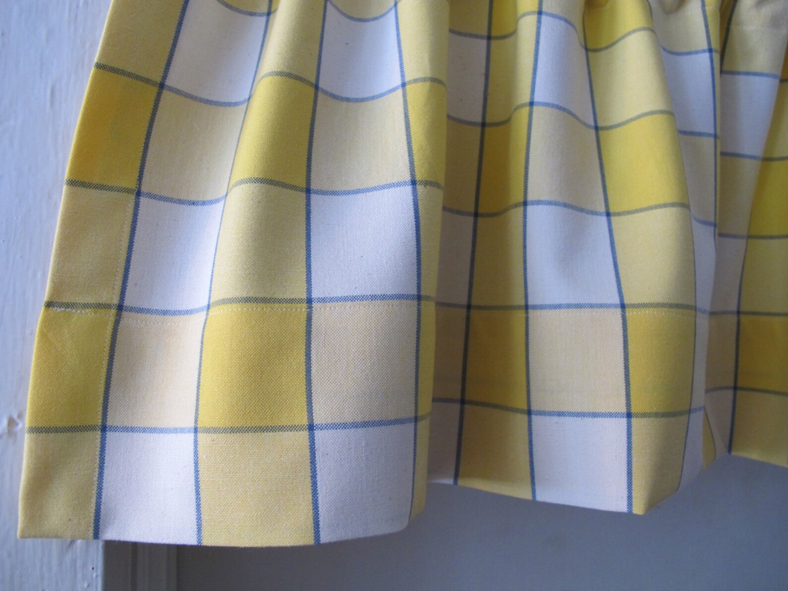 Blue Yellow Window Pane Plaid Valance Whimsical Kitchen Etsy