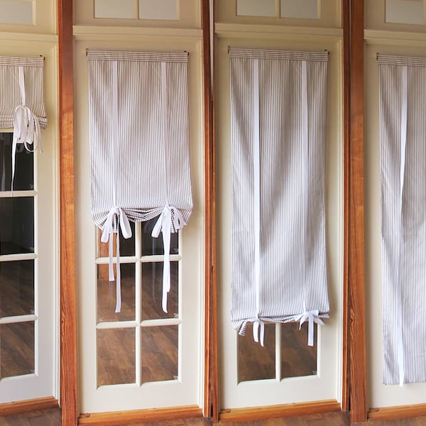 BLACKOUT French Door Tie Up Shade, Gray Ticking Stripe, Privacy Lined