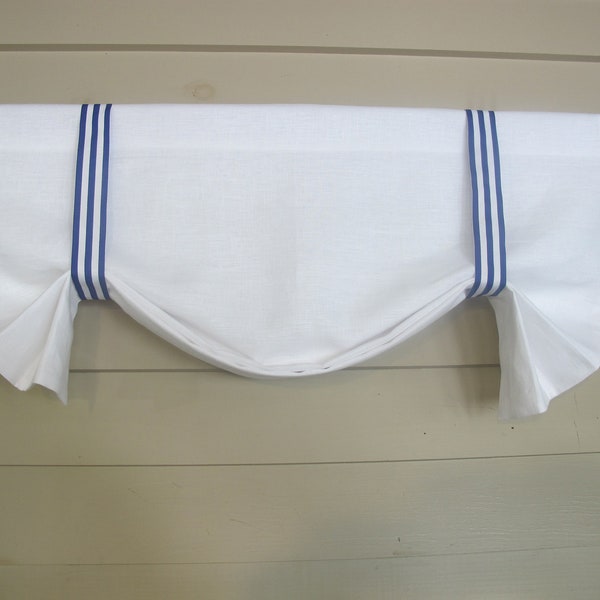 Swag Rod Pocket Valance in White Linen-look Cotton, Royal Blue Stripe Grosgrain Ribbon Tie Up Bands, Custom Widths Small Window Wide Curtain