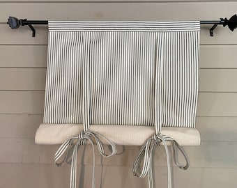 Tie Up Privacy Window Shades, Custom Widths, BLACK Ticking 48 Inch Long or Custom Lengths Small Window Wide Curtain