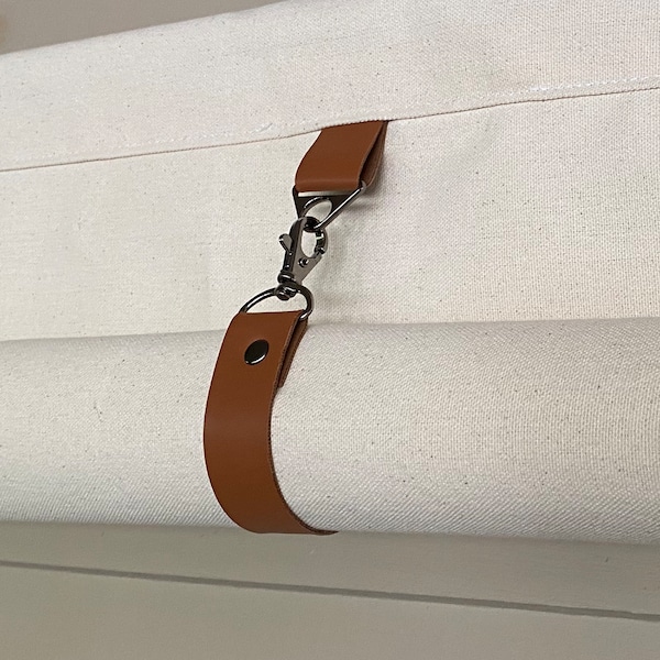 Roll Up Swedish Blind Curtain, Custom Widths, Natural Canvas with Faux LEATHER Straps, 48 Long or Custom Length Small Window Wide Curtain