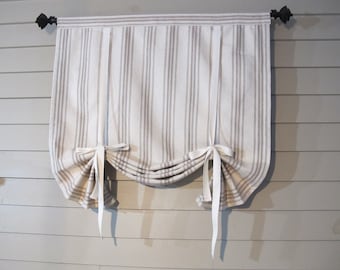 Tie Up Fabric Window Shade, Custom Widths, Woven COTTON Grain Sack Stripe, 36 Inch long or Custom Lengths Small Window Wide Curtain