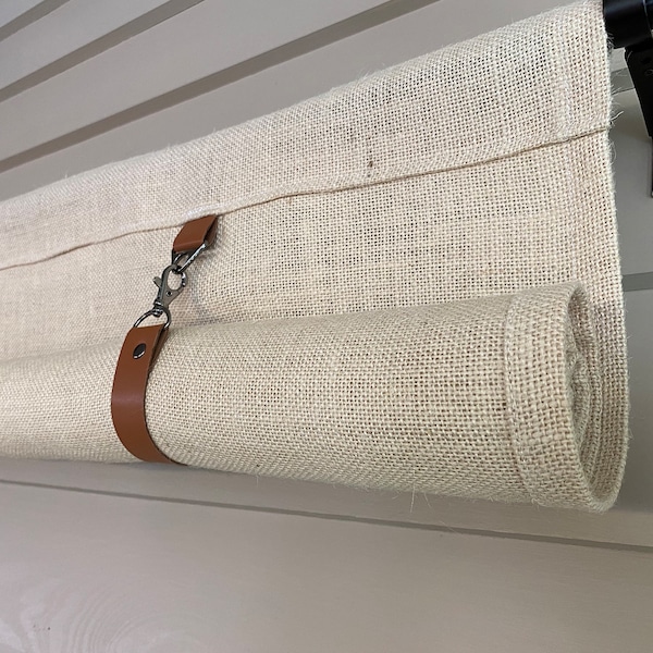 Roll Up Swedish Blind Curtain, Custom Widths, Tan BURLAP Fabric with Faux LEATHER Straps 48 Long or Custom Length Small Window Wide Curtain