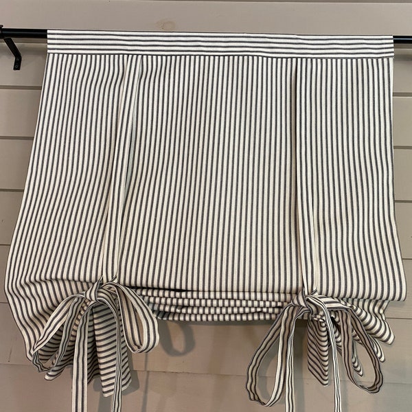Tie Up Curtain in Custom Widths, Black Ticking Fabric, 48 Inch Long or Custom Length Small Window Wide Curtain