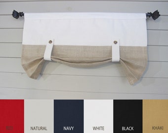 Button Up Tabbed Window Valance, Custom Widths, Cotton Canvas Custom Color Small Window Wide Curtain