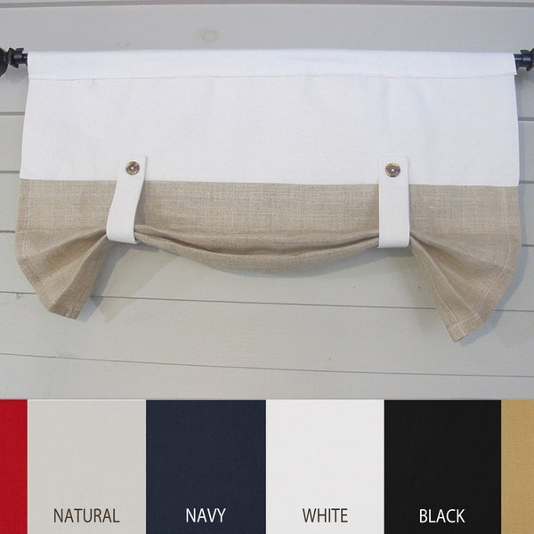 Button Up Tabbed Window Valance, Custom Widths, Cotton Canvas Custom Color Small Window Wide Curtain