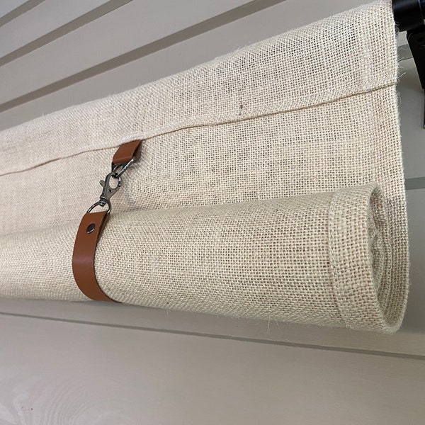 Roll Up Swedish Blind Curtain, Custom Widths, Tan BURLAP fabric with Faux LEATHER Straps 36 Long or Custom Length Small Window Wide Curtain