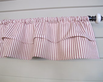 Rod Pocket Ruffle Valance RED ticking Stripe 10 Inch or 14 Inch length Small Window Wide Curtain