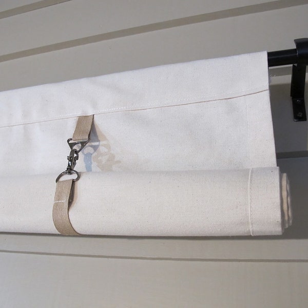 Roll Up Swedish Blind Curtain Custom Widths, Natural Canvas Fabric with TAN Straps 36" Long or Custom Length Small Window Wide Curtain