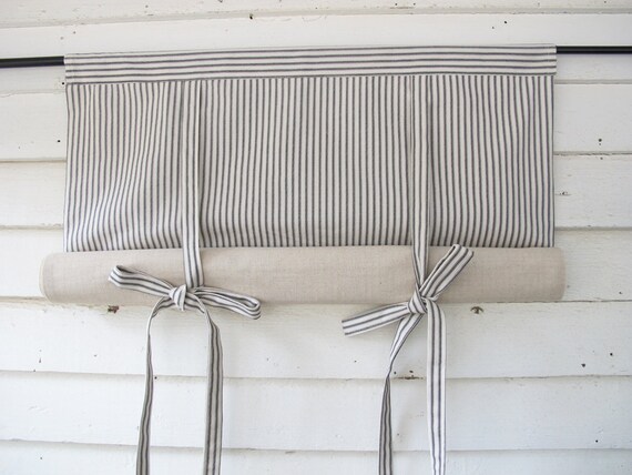 Black Ticking 48 Inch Long Roll Up Window Shade Tie Up Rolled Etsy
