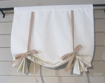 Tie up Window Shade, Custom Widths, TAN Cotton TICKING 60 Long or Custom Lengths Small Window Wide Curtain