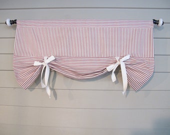 Rod Pocket Tie Up Valance, Custom Widths, RED Ticking Farmhouse Valance Small Window Wide Curtain