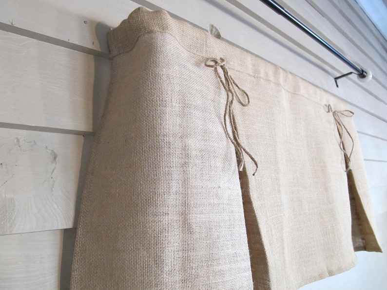 Pleated White Burlap Valance with Jute Bows Window Treatment Natural Rustic Curtain
