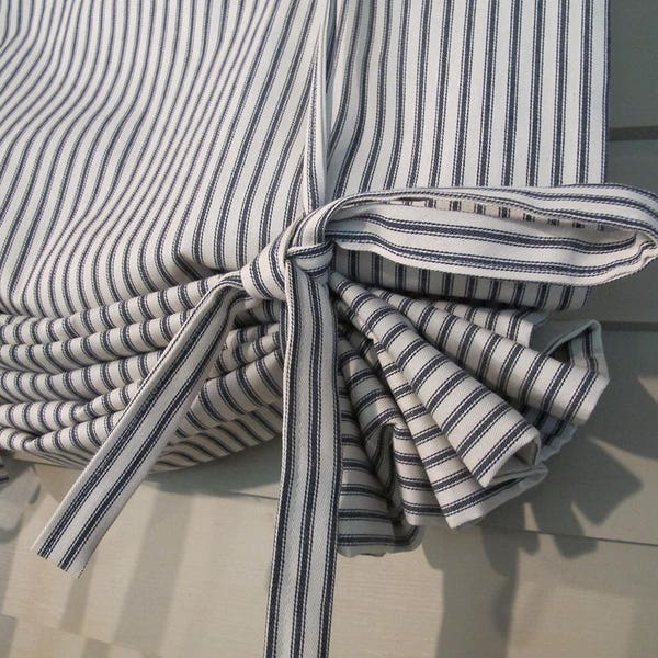 Tie Up Fabric Window Shade, Custom Widths, Navy Ticking 48 Long or Custom Lengths Small Window Wide Curtain