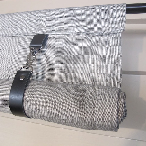 Roll Up Swedish Blind Curtain, Custom Widths, Gray B/W woven with Faux LEATHER Straps, 36 Long or Custom Length Small Window Wide Curtain