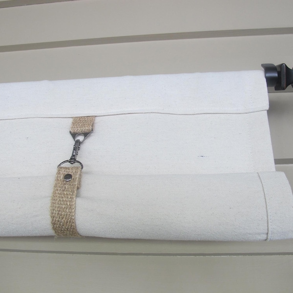 Roll Up Fabric Swedish Blind, Custom Widths, Painter's Drop Cloth with Jute Braid Straps,  60 Inch Long or Custom Lengths choices