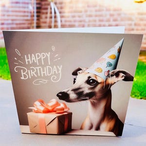 Greeting Card - Whimsical Whippet Birthday Celebration - Cute Canine with Party Hat and Gift -  Animal Art Card