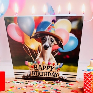 Alles Gute zum Geburtstag Grußkarte mit süßem Whippet und bunten Luftballons - Lustige und festliche Geburtstagskarte zum Thema Haustier - Tierfeierkarte