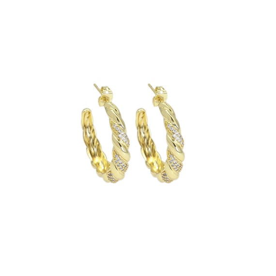 Cz Gold Twisted Line Hoop Earrings, Sku#Ld518