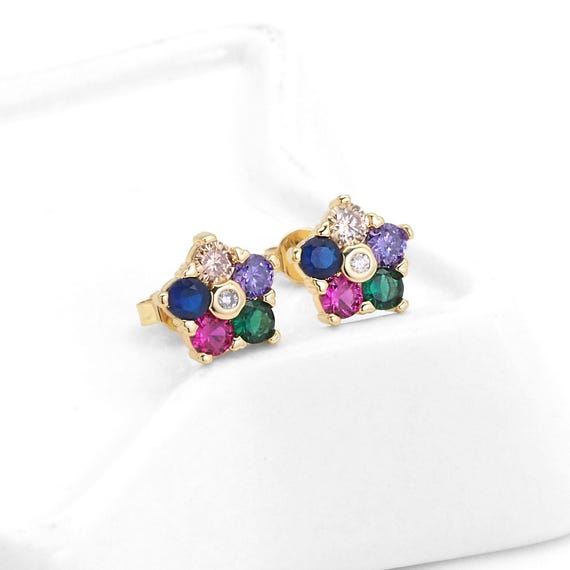 Colorful Cz Gold Dainty Flower Stud Earrings, Sku#Ld413