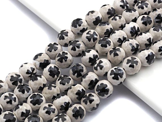 Quality Dzi Black White Aage With Flower Patten Beads, Round Faceted Tibetan Agate, 10Mm Beads, 15.5Inch Strand, Sku#U558