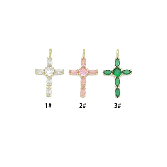 Gold Cross Pendant Collection – Clear, Pink & Green Crystal, Sku#LX958