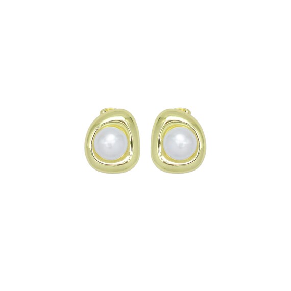 Gold White Pearl Stud Earrings, Sku#Lx720