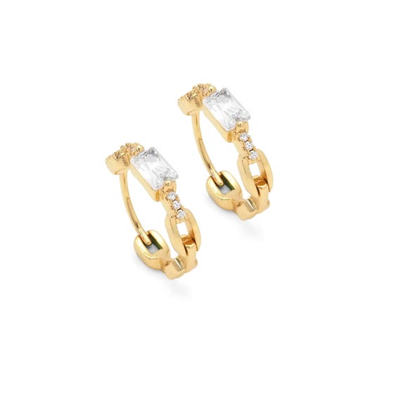 Gold Cz Chain Link With Rectangle Cz Hoop Earrings, Sku#Lk825