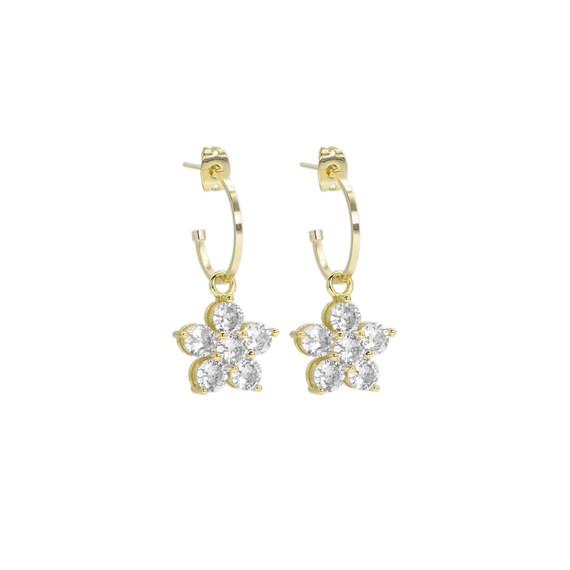 Cz Gold Flower Hoop Earrings, Sku#Ef465