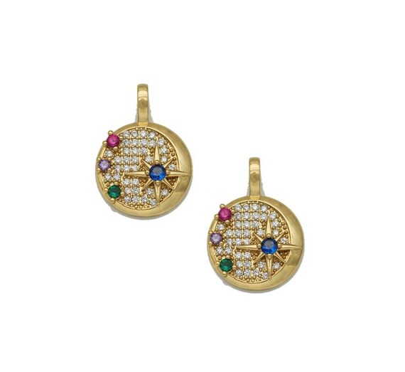 Colorful Cz Gold North Star On Round Coin Charm, Sku#Y755