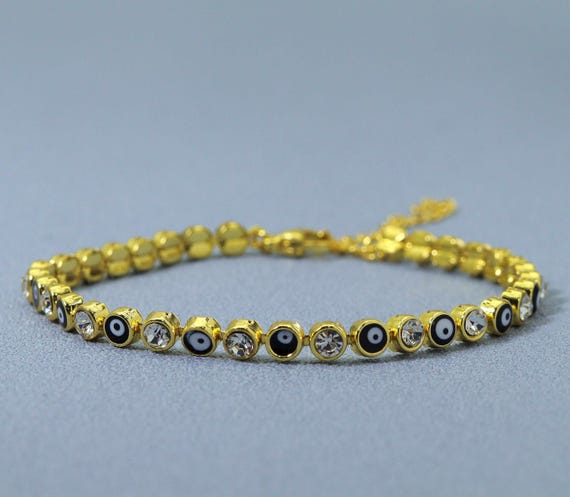 Round Cz And Enamel Evil Eye Adjustable Bracelet With Extender, Sku#Ld288