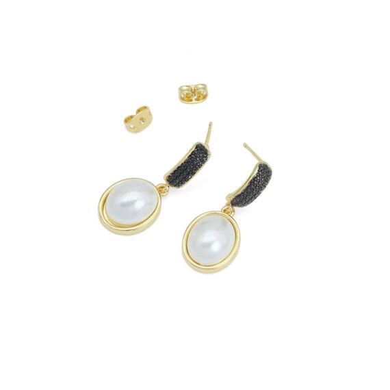 Black Cz Oval White Pearl Pendant Earrings, Sku#Lx699