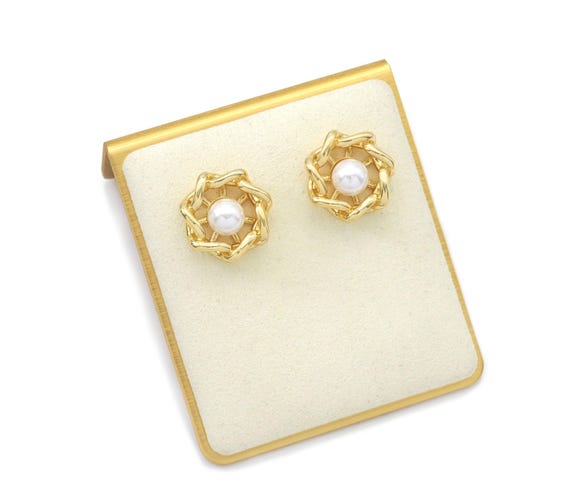 Cz Gold Pearl On Flower Stud Earrings, Sku#J368