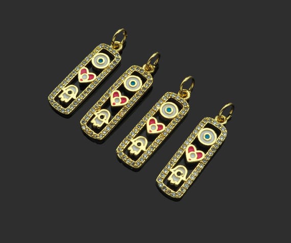 Cz Micro Pave Enamel Heart Evil Eye Hamsa Hand On Rectangle Shape Pendant,Cubic Zirconia Gold Charm,Necklace Bracelet Charm,7X22Mm,Sku#Z1302