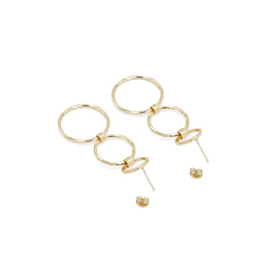 Gold Three Round Ring Dangle Earrings, Sku#Zx137
