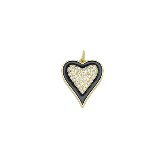 Clear Cz Black Enamel Gold Heart Charm Pendant, Sku#Y1023