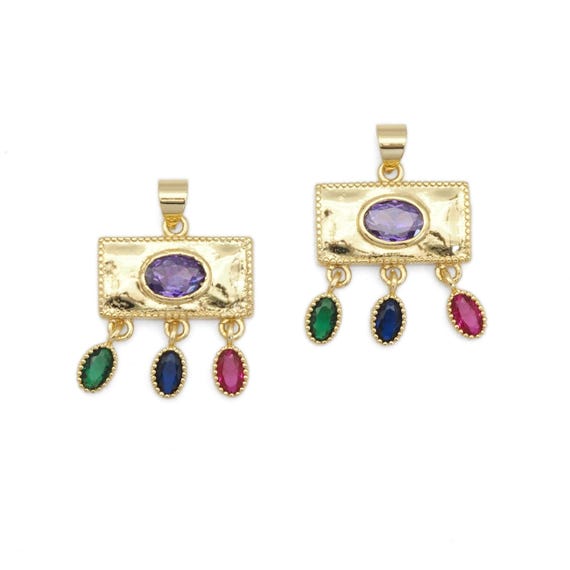 Colorful Cz Gold Rectangle With Dangle Charm, Sku#Lk831
