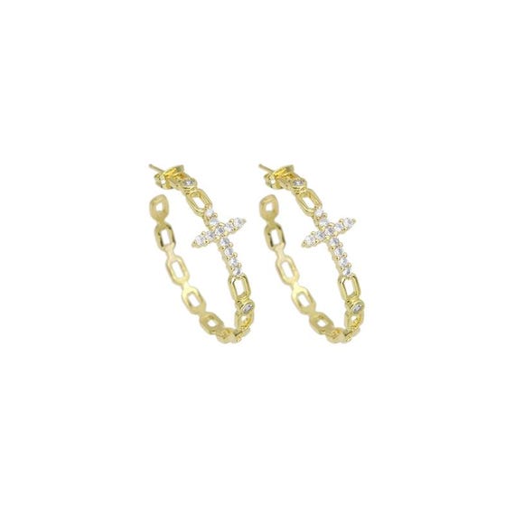 Clear Cz Gold Cross Chain Link Hoop Earrings, Sku#Ld525