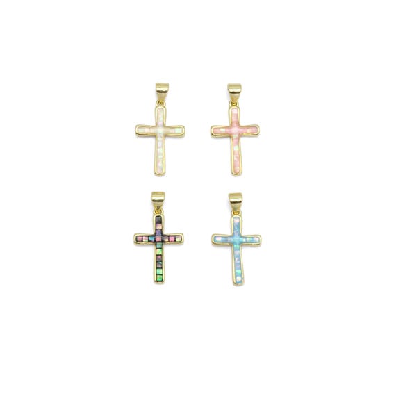 Abalone Pink White Blue Mother Of Pearl Cross Charm, Sku#Lx391