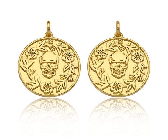 The 18K Dainty Gold Skull On Round Coin Shape Pendant,Gold Medallion Skull Charm,Necklace Bracelet Charm Pendant,18x20mm,Sku#Z1305