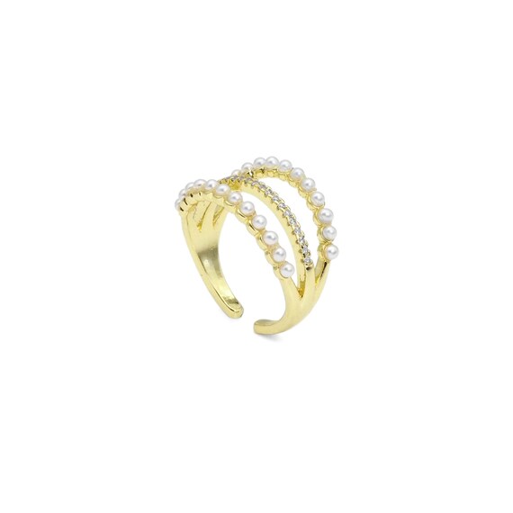 Cz Gold White Pearl Triple Line Ring, Sku#Ld509