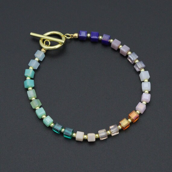 Rainbow Color Cube Stone Stretchy Bracelet with Toggle clasp, EF784