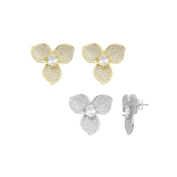 Clear Cz Gold Flower Shape Stud Earrings, Sku#Lx823