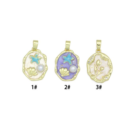 White Purple Enamel Gold StarFish Shell Pearl Oval charm, Sku#Z1483