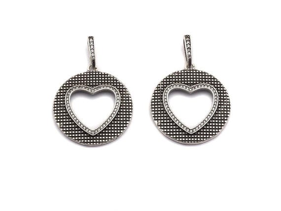 Antique Finish  Cz Micro Pave Hollow Out Heart Pendant, Silver Tone, Pave Round With Heart Charm Pendant, 28X31Mm,Sku#F991