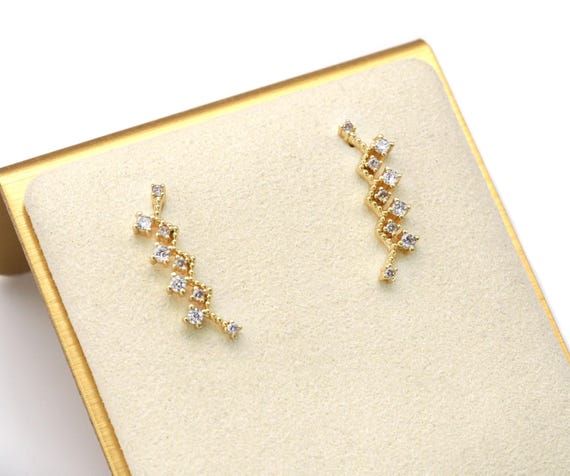 Gold Cz Ear Climber Earrings, Wave Earrings, Sku#B226