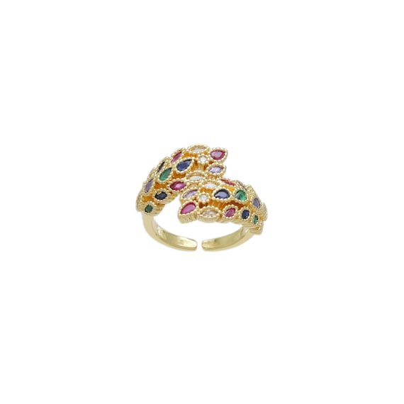 Colorful Cz Feather Statement Adjustable Ring, Sku#Lx546