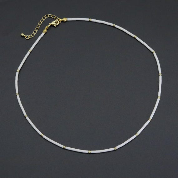 White Turquoise Thin Tube With Gold Spacer Necklace, Sku#Ef559